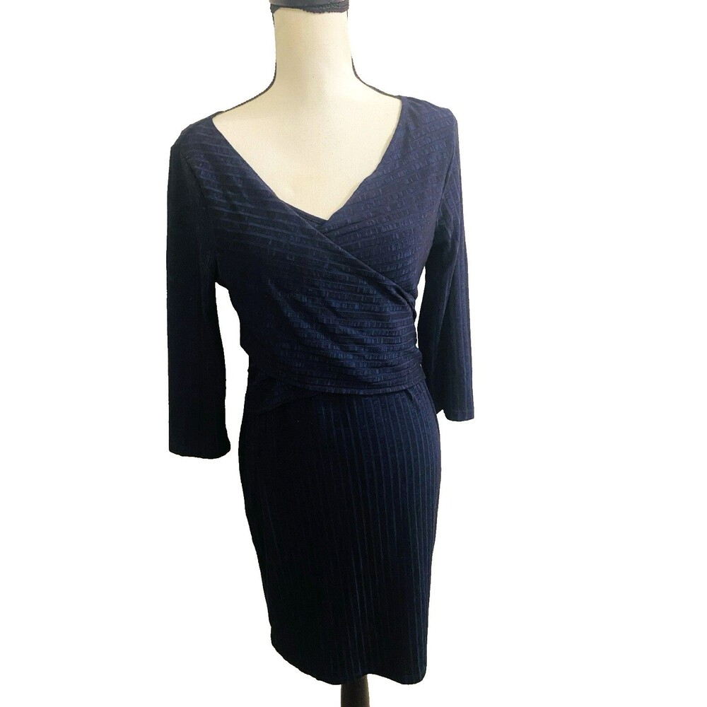 Maternity Faux Wrap Dress Sz S Navy Jessica Simpson Ribbed Knit 3/4 Sleeves